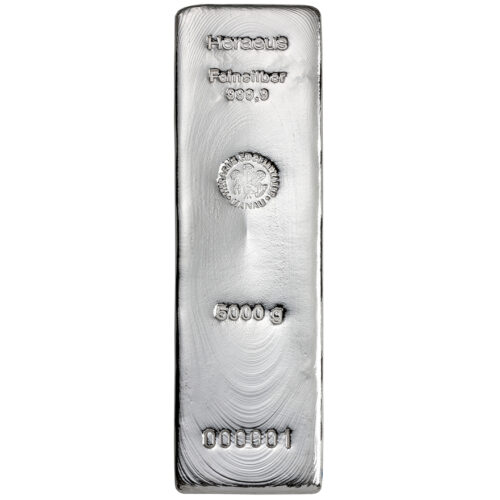 5 kg bzw. 5000 g Heraeus Silberbarren mit 999,9 Feinsilber kaufen oder verkaufen