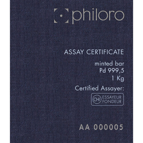 Philoro Assay Certificate Palladium 999,5 Feinheit - 1 kg Palladiumbarren Zertifikat im Zollfreilager