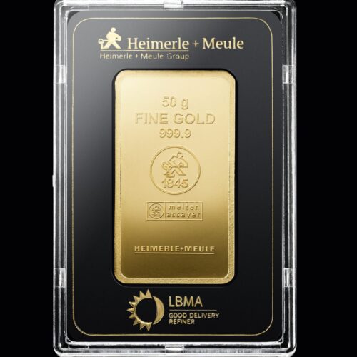 Frontseite 50 g Goldbarren Heimerle + Meule 999,9 Fine Gold mit Verpackung Bzw. Schutz