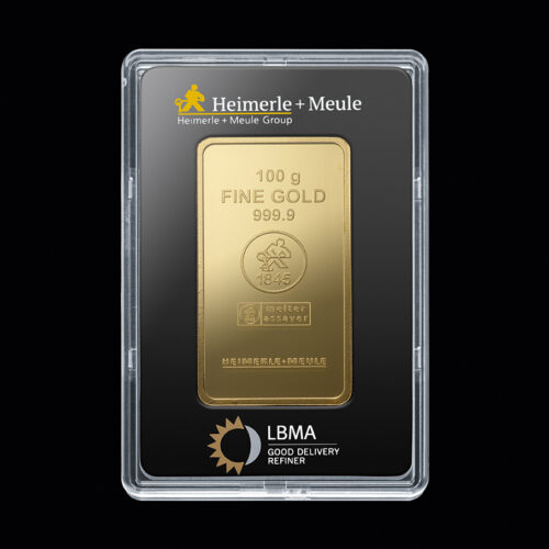 100 Gramm Fine Gold 999,9 Goldbarren von Heimerle + Meule