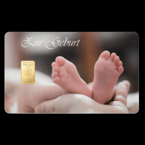1 g Gold Geschenkidee Goldbarren auf Geschenkkarte > Zur Geburt