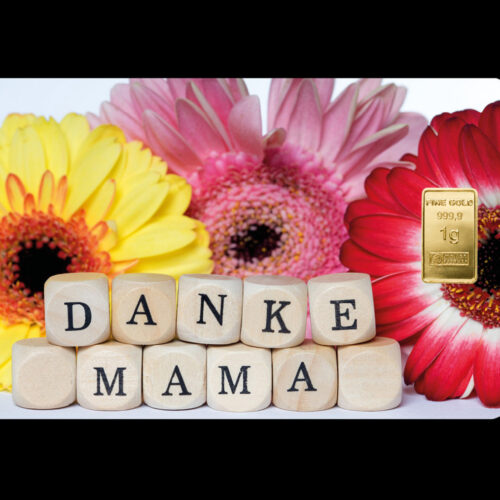 1 g Gold Geschenkidee Goldbarren auf Geschenkkarte > Zum Muttertag ein "Danke MAMA"