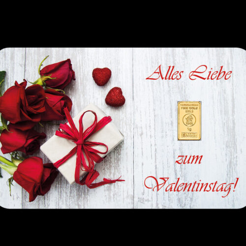 1 g Gold Geschenkidee Goldbarren auf Geschenkkarte > Alles liebe zum Valentinstag!