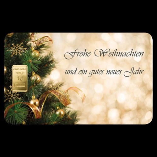 1 g Gold Geschenkidee Goldbarren auf Geschenkkarte > Frohe Weihnachten